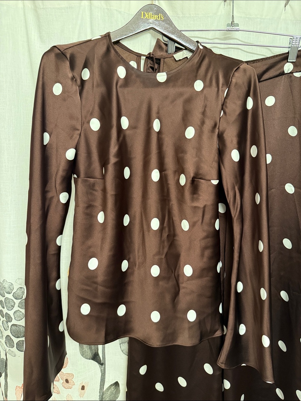LOFT Brown Satin Long Sleeve Polka Dot Top